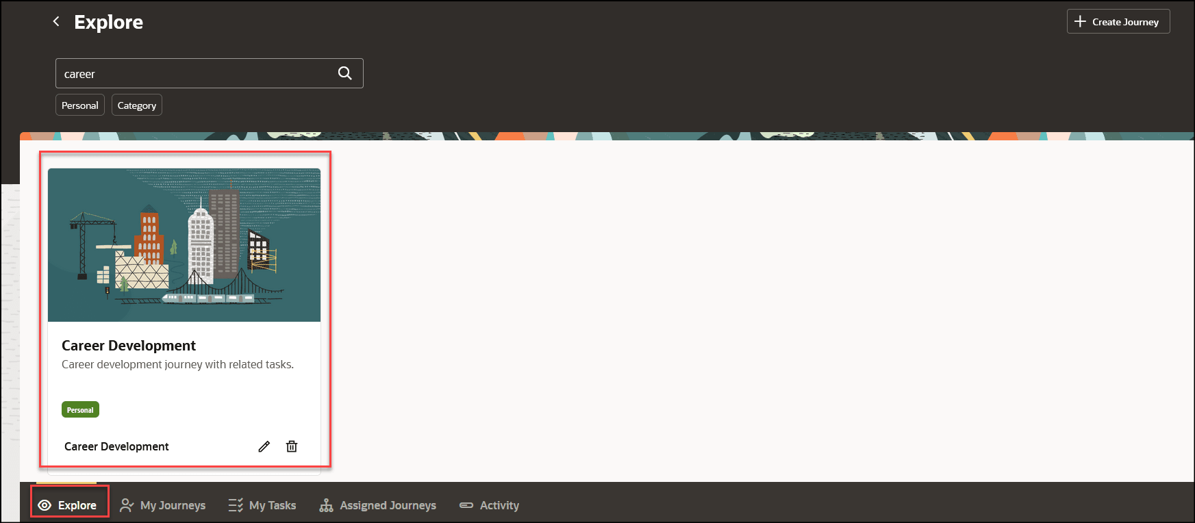 Screen capture to self assign a journey from the explore tab.