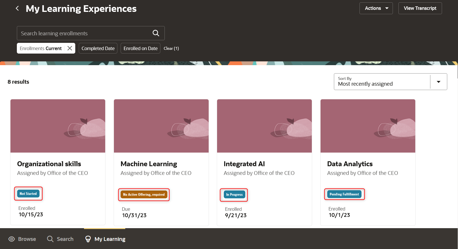 My Learning Page Showing Assignment Badges with the New Color Codes