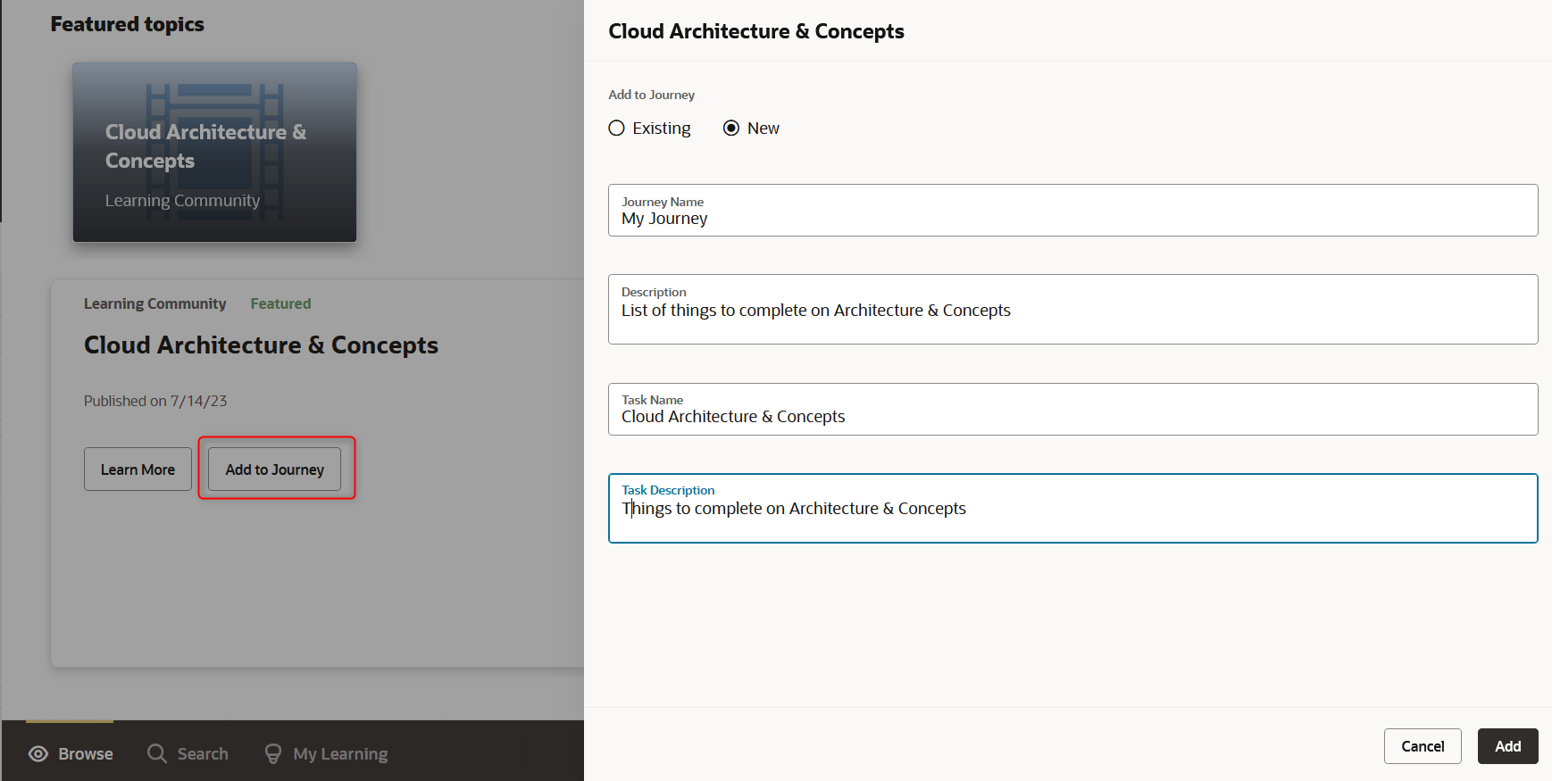 Learning Card with Add Journey Button Highlighted and Relevant Properties Showing.