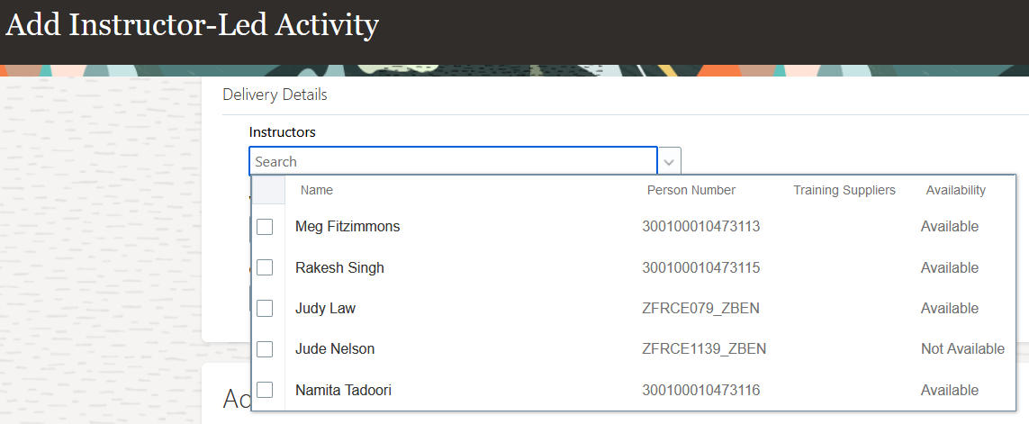 Add Instructor-Led Activity Page Showing the Instructors Drop-Down List with the Availability Column