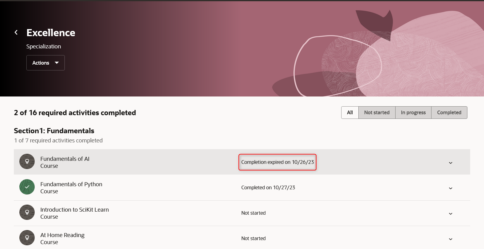 Specialization with an Expired Course Completion