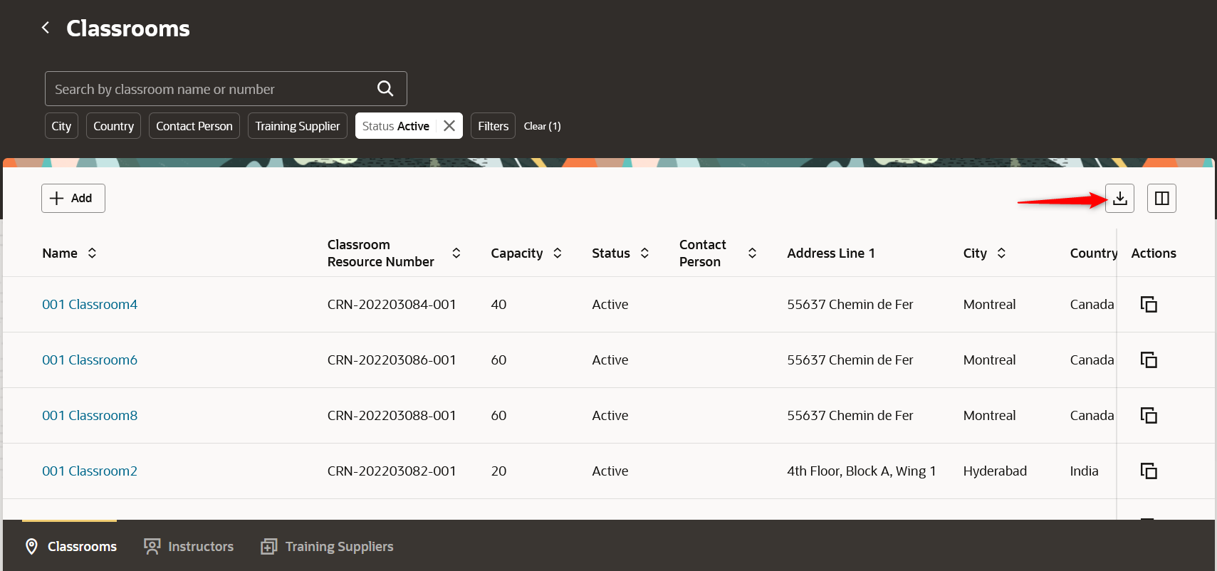 Classrooms Page with the Download Icon