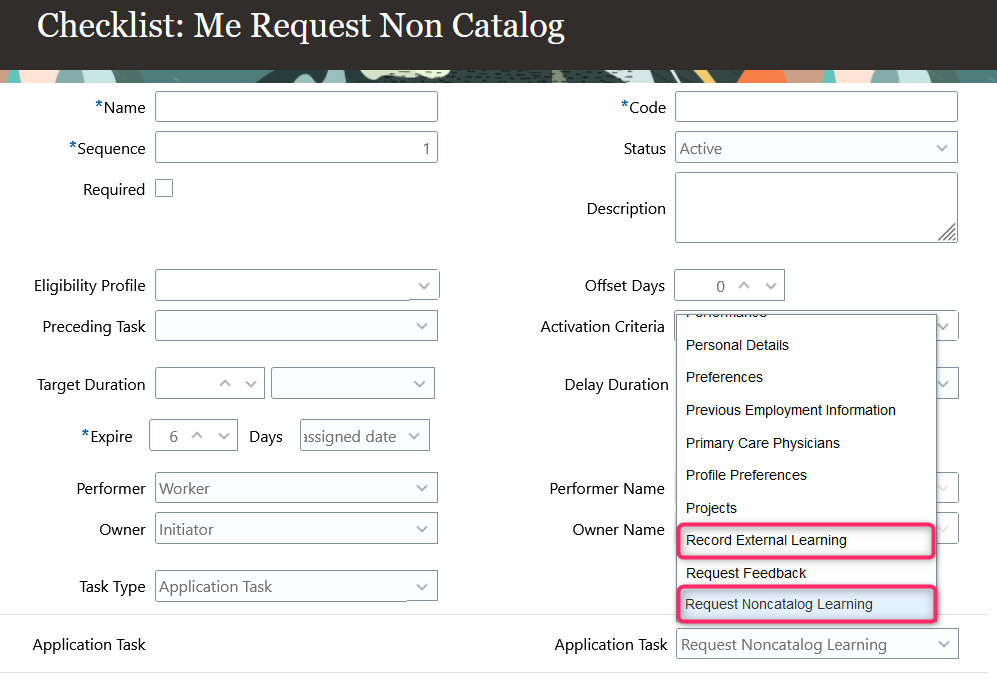 HCM Journeys Checklist Page Showing Available Learner Application Tasks
