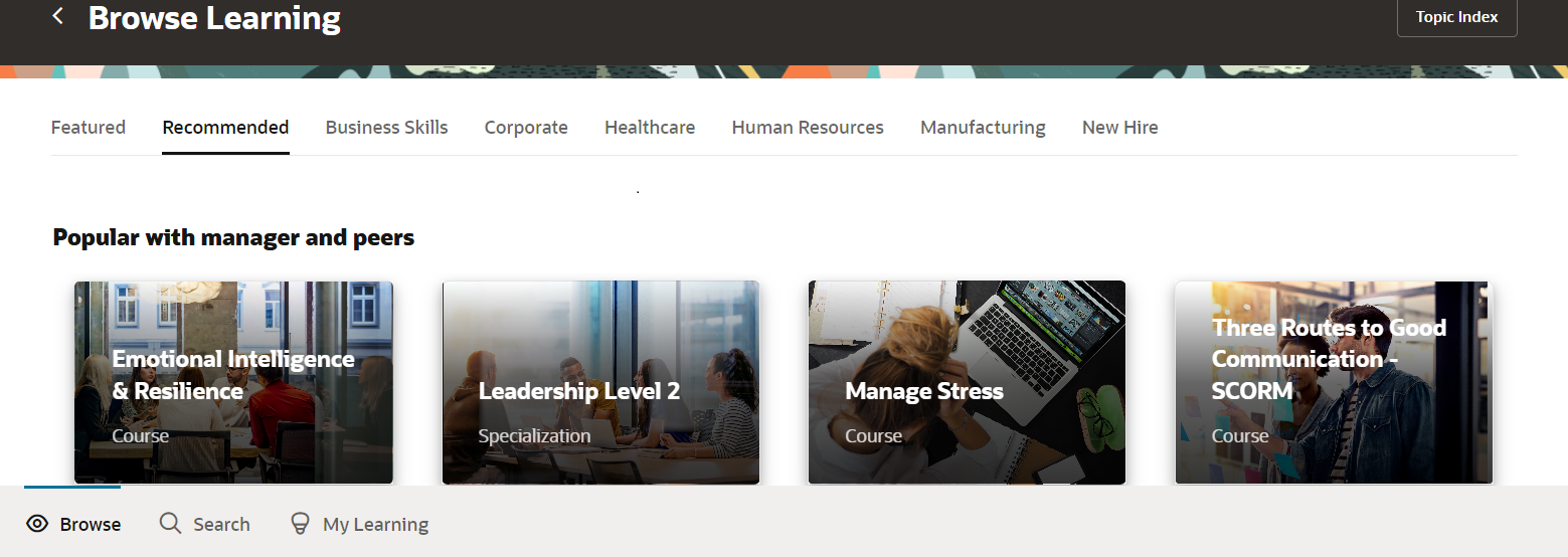 Redwood Browse Learning Page Showing the Popular with Manager and Peers Category