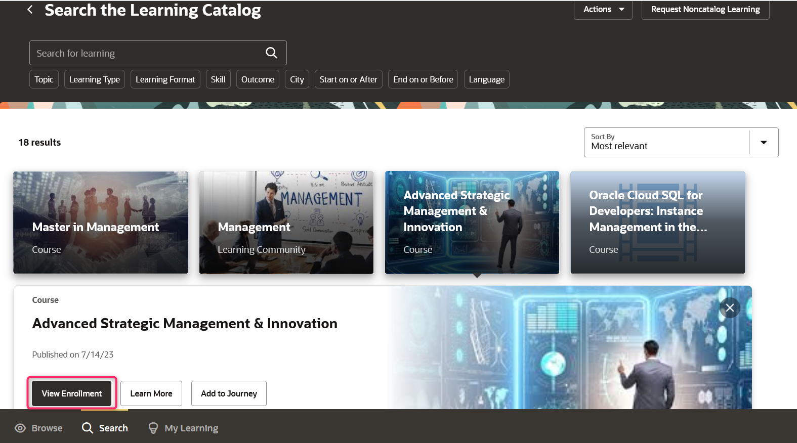 Search Page Showing an Expanded Learning Item Card with the View Enrollment Primary Action