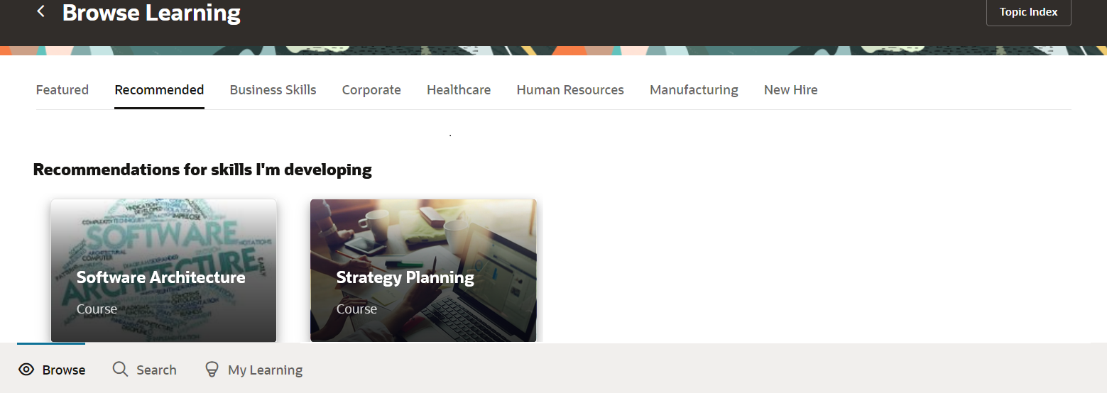 Redwood Browse Learning page Showing the Recommendations for the Skill I’m Developing Category