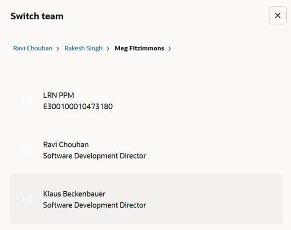 Switch team panel displaying employees in a manager's team