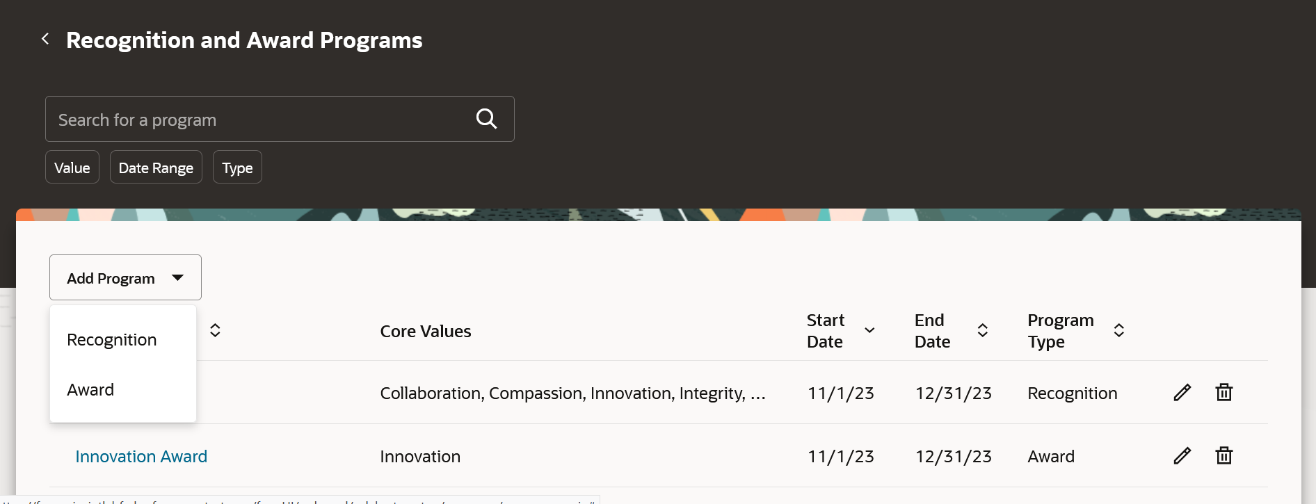 Screen capture for the Recognition and Award Programs page.