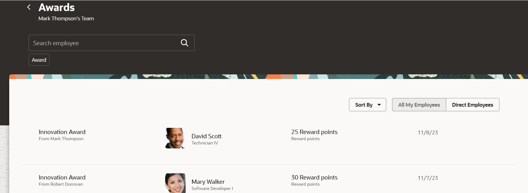 Screen capture of the Awards dashboard.