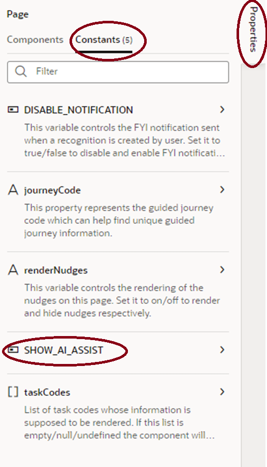 Screen capture for the Constants tab  that appears when you click  Edit Page in Visual Builder Studio.