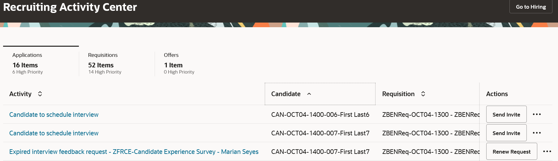 Screen capture of the Renew Request action on the Recruiting Activity Center page