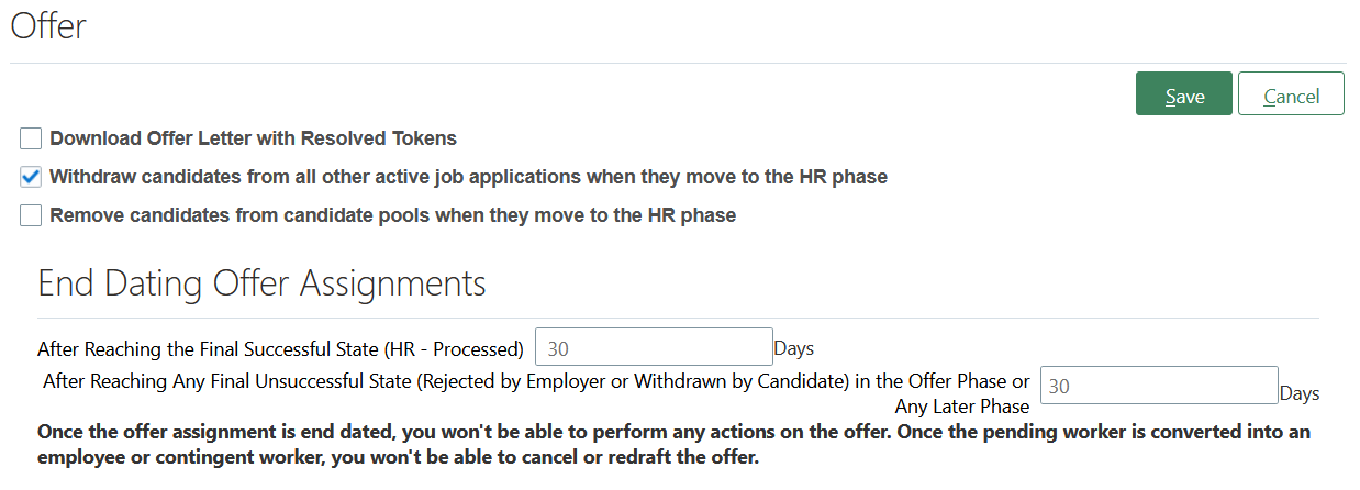Screen capture of the End Dating Offer Assignments section
