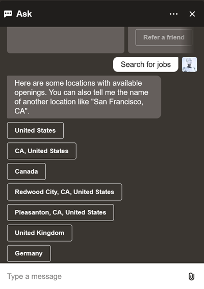 List of locations displayed when you type "Search for jobs" 
