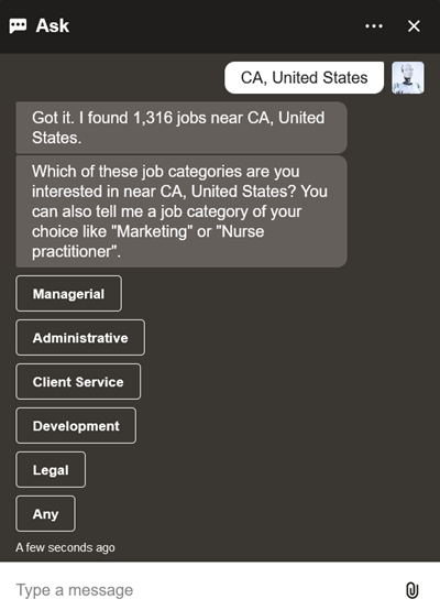 List of job categories displayed when you select a location  