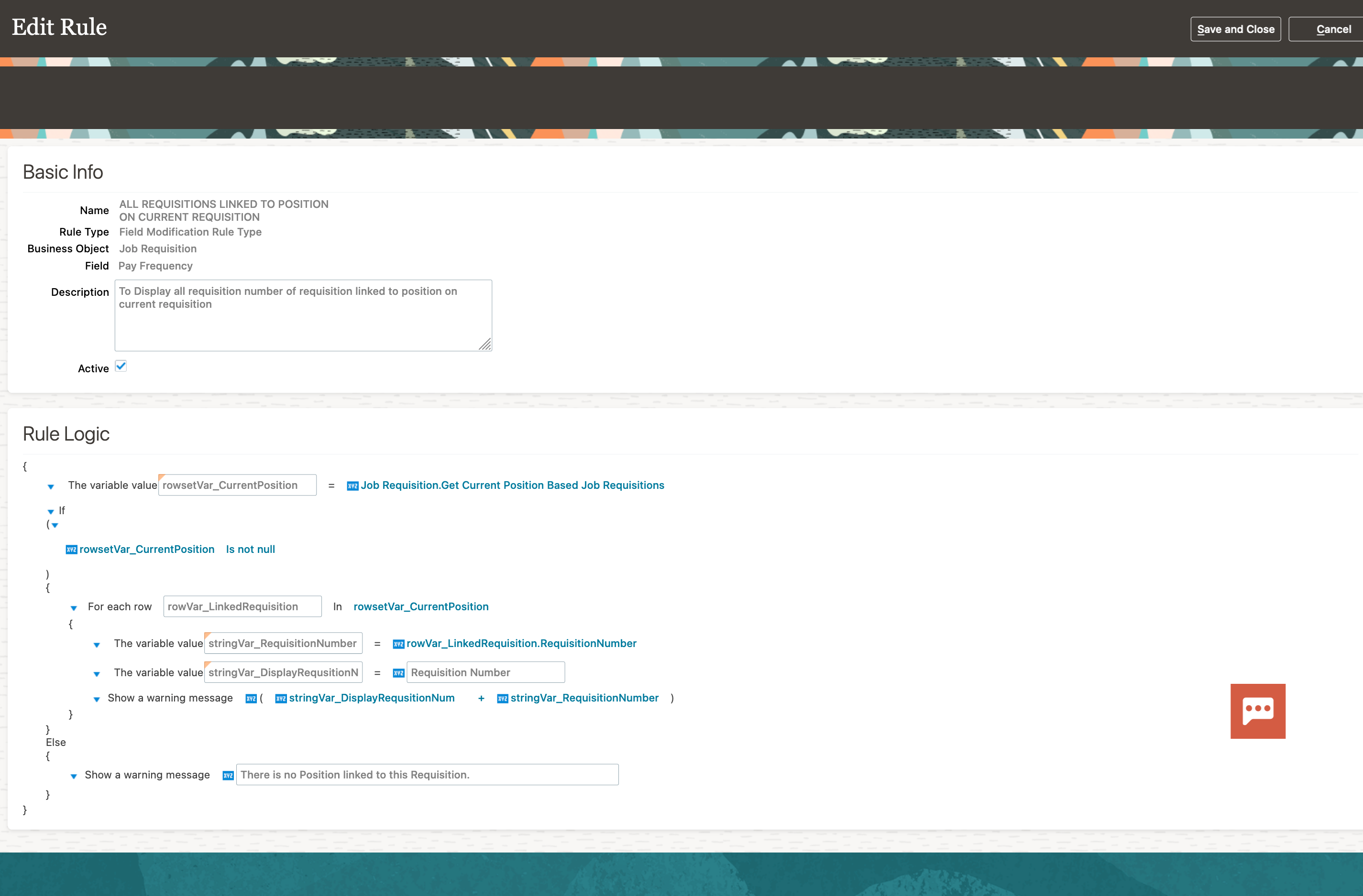 Screen capture of an example of a rule for all requisitions linked to a posiiton.
