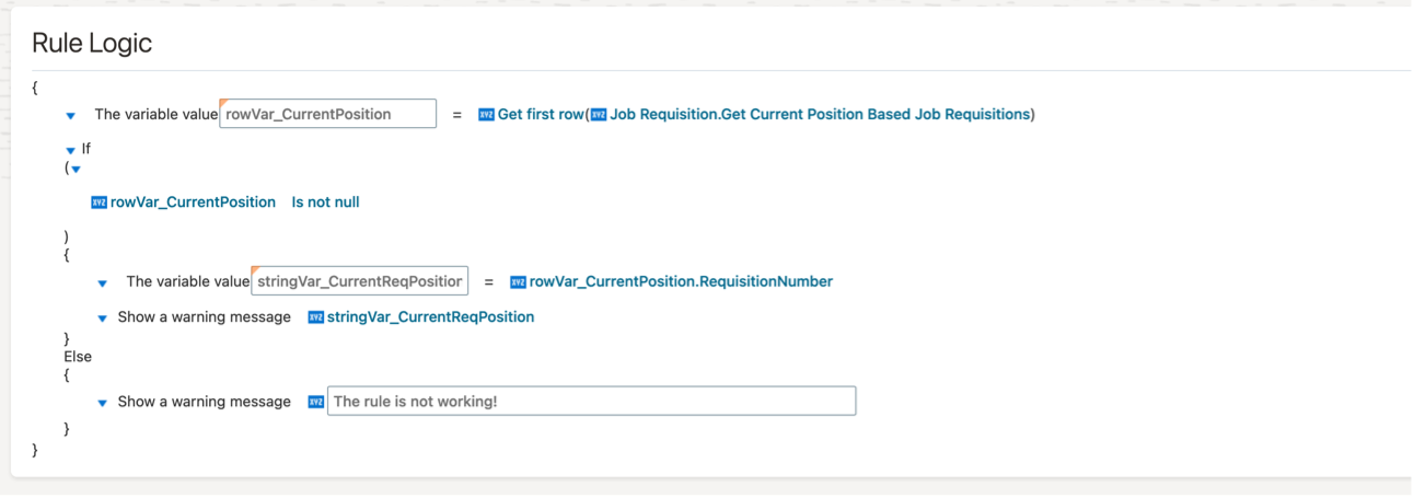 Screen capture representing an example of a rule with the Get Current Position Based Job Requisitions view accessor