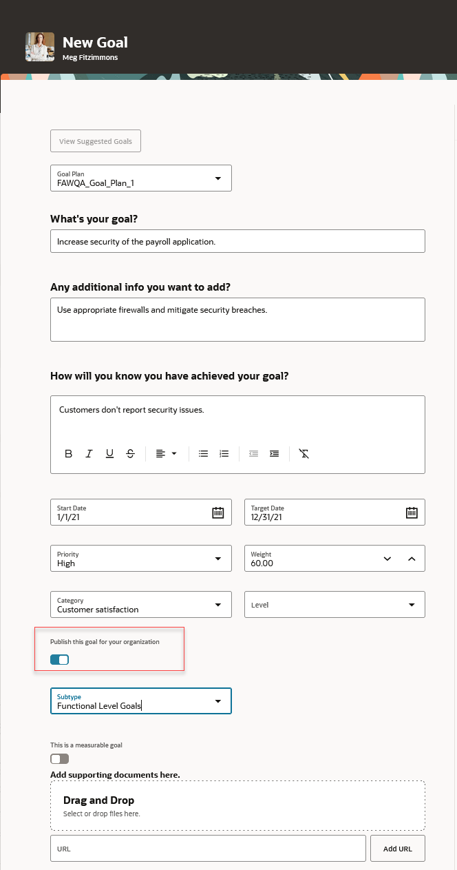 Screenshot of a New Goal page with the Publish this goal for your organization switch highlighted