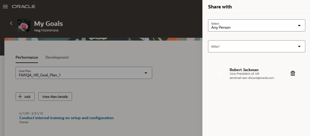 Screenshot of the Share with drawer panel on My Goals page