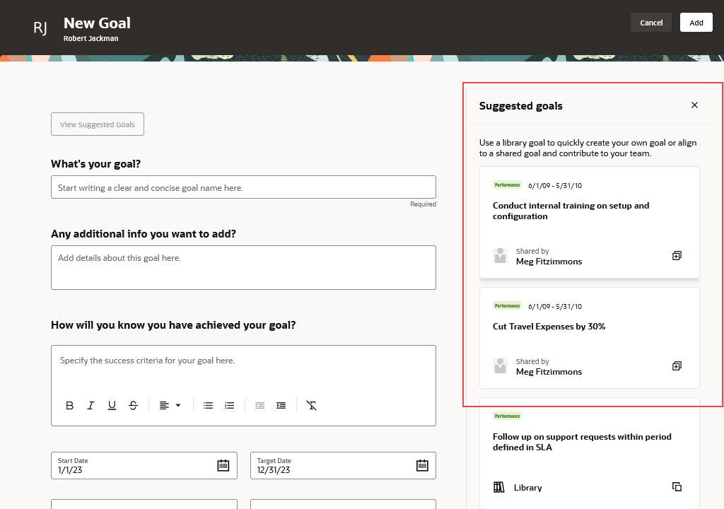 Screenshot highlighting the shared goals on the Suggested goals panel