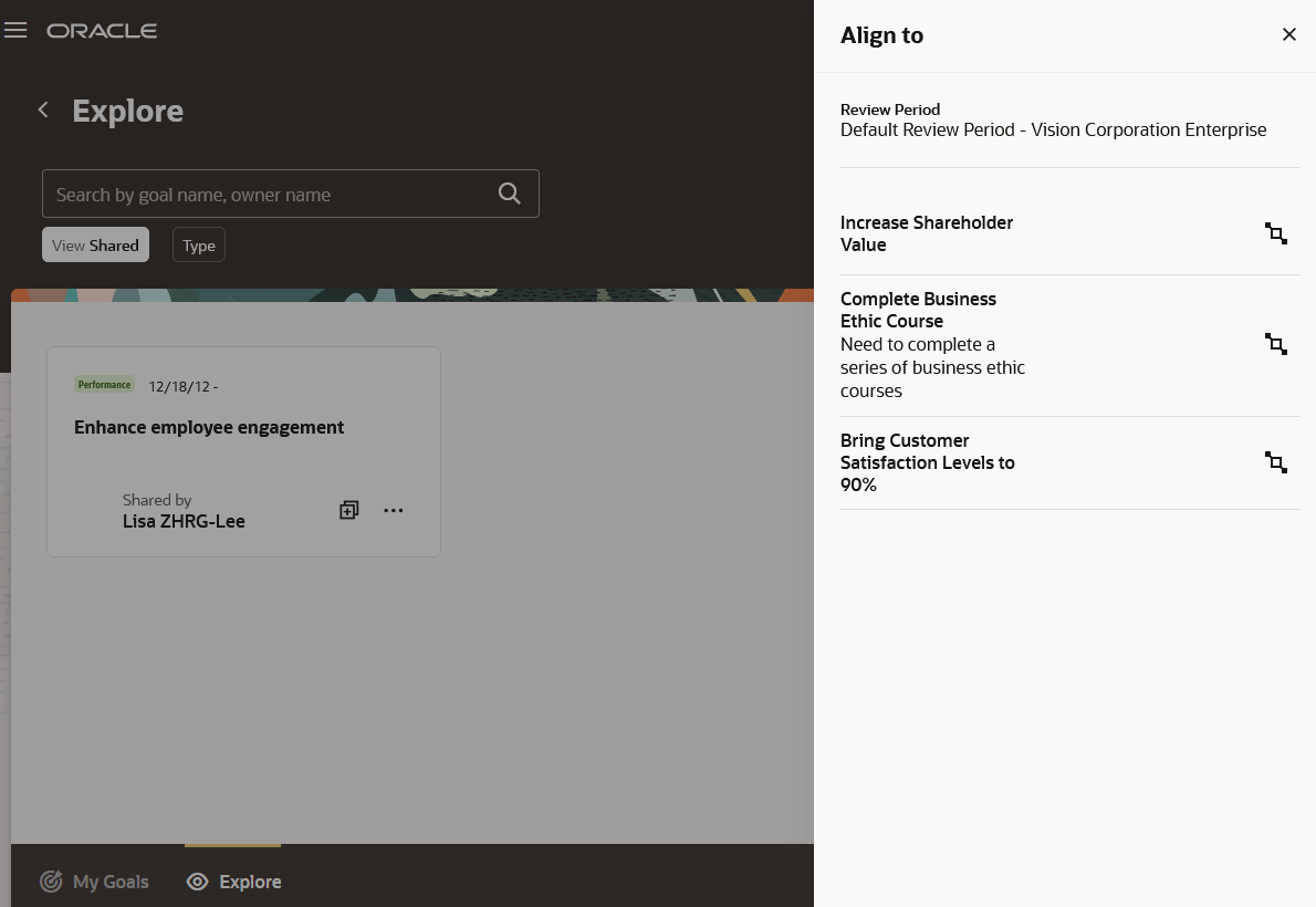 Screenshot of goals on the Align to drawer panel