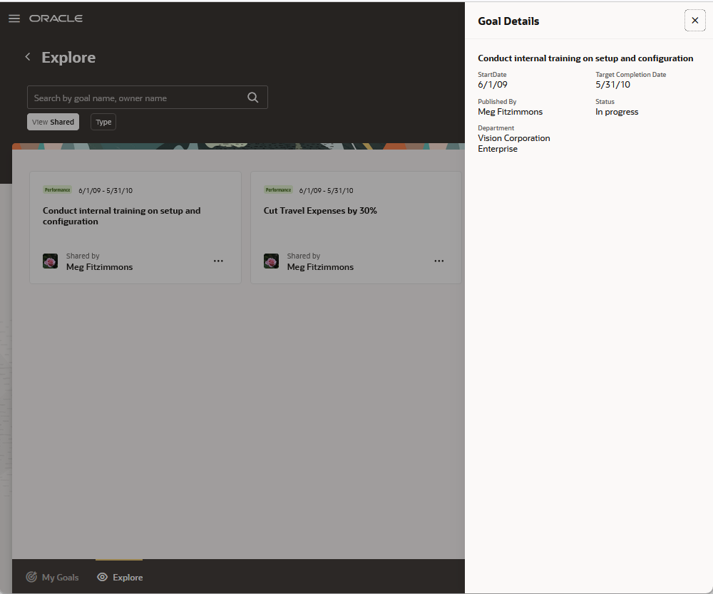 Screenshot of the Explore page with details of a goal on the Goal Details panel 