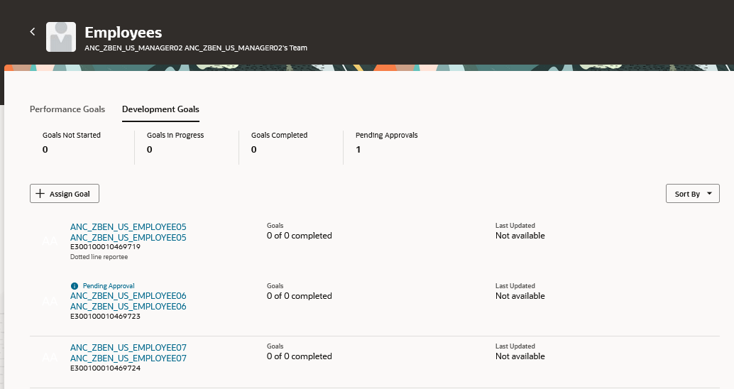 Development tab of Manager's Team Goal Center
