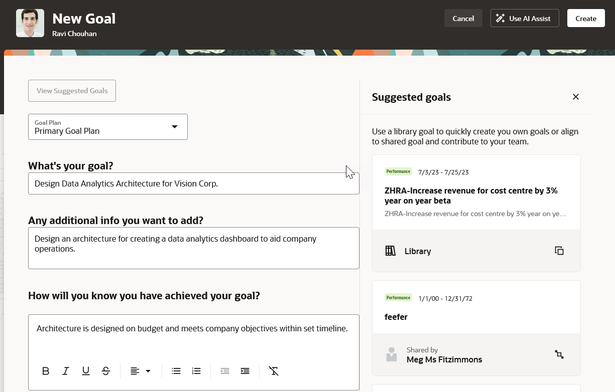 Screenshot of the New Goal page