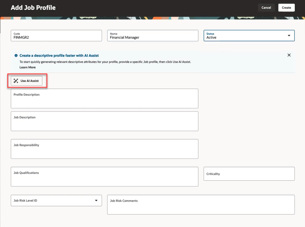 Screen capture of AI Assist for authoring assistance in a job profile 