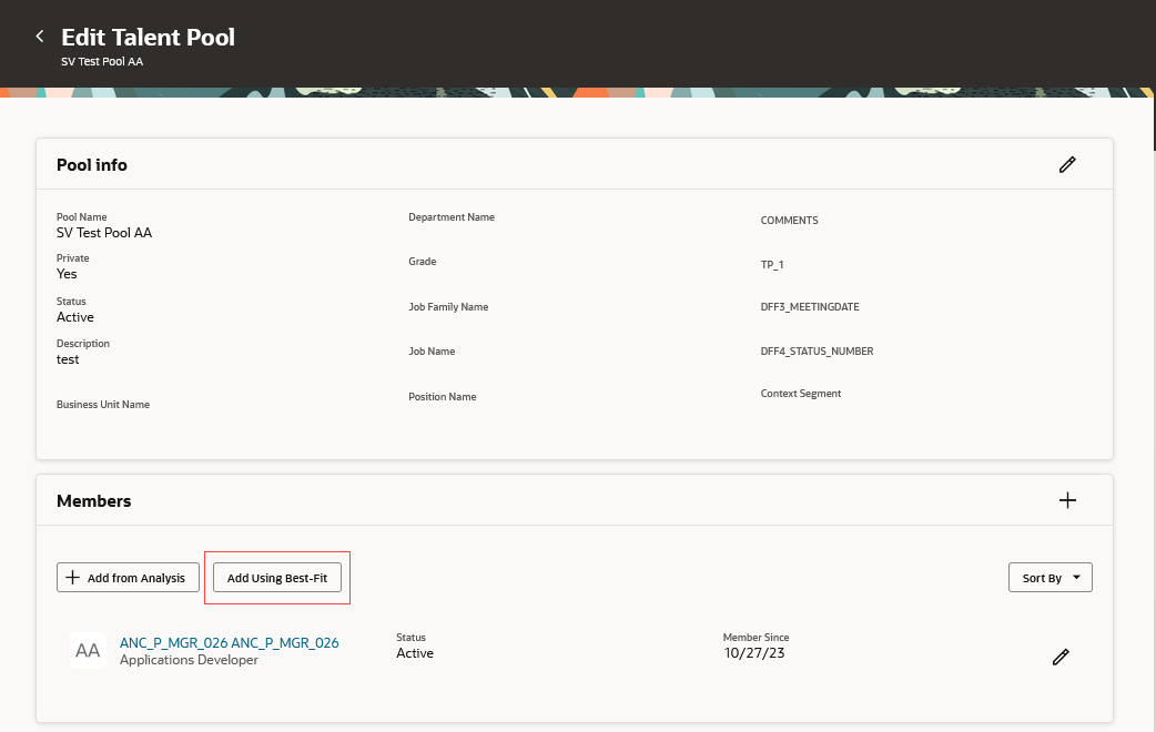 Add Using Best-Fit button highlighted in the Members section of a talent pool page
