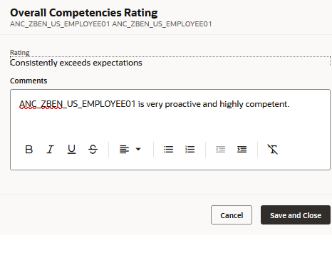 Comment given by the reviewer for the overall competencies rating