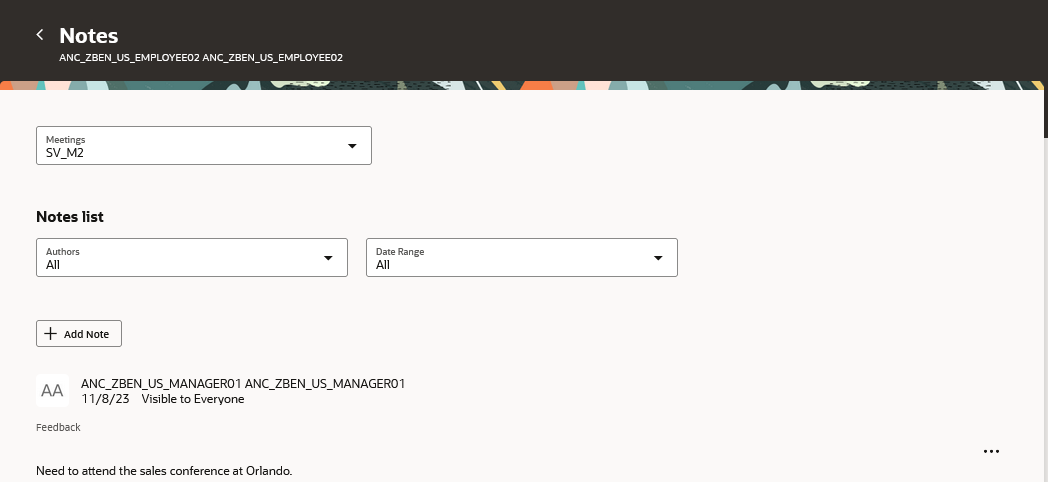 Screenshot of the Notes page of a reviewee for a selected talent review meeting