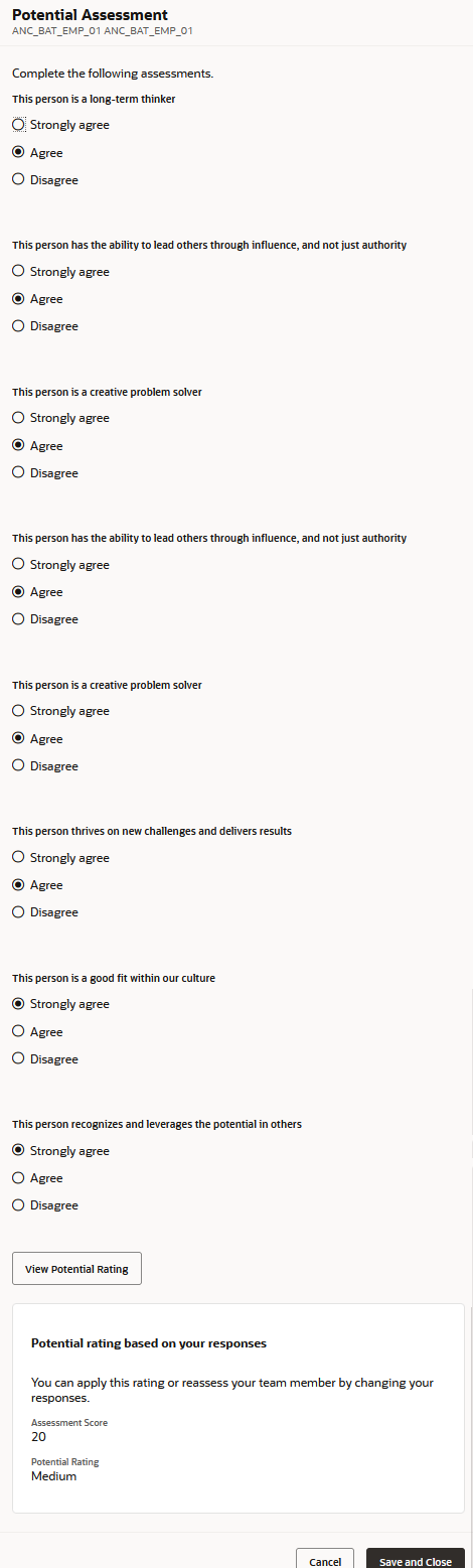 Potential assessment panel with responses and rating