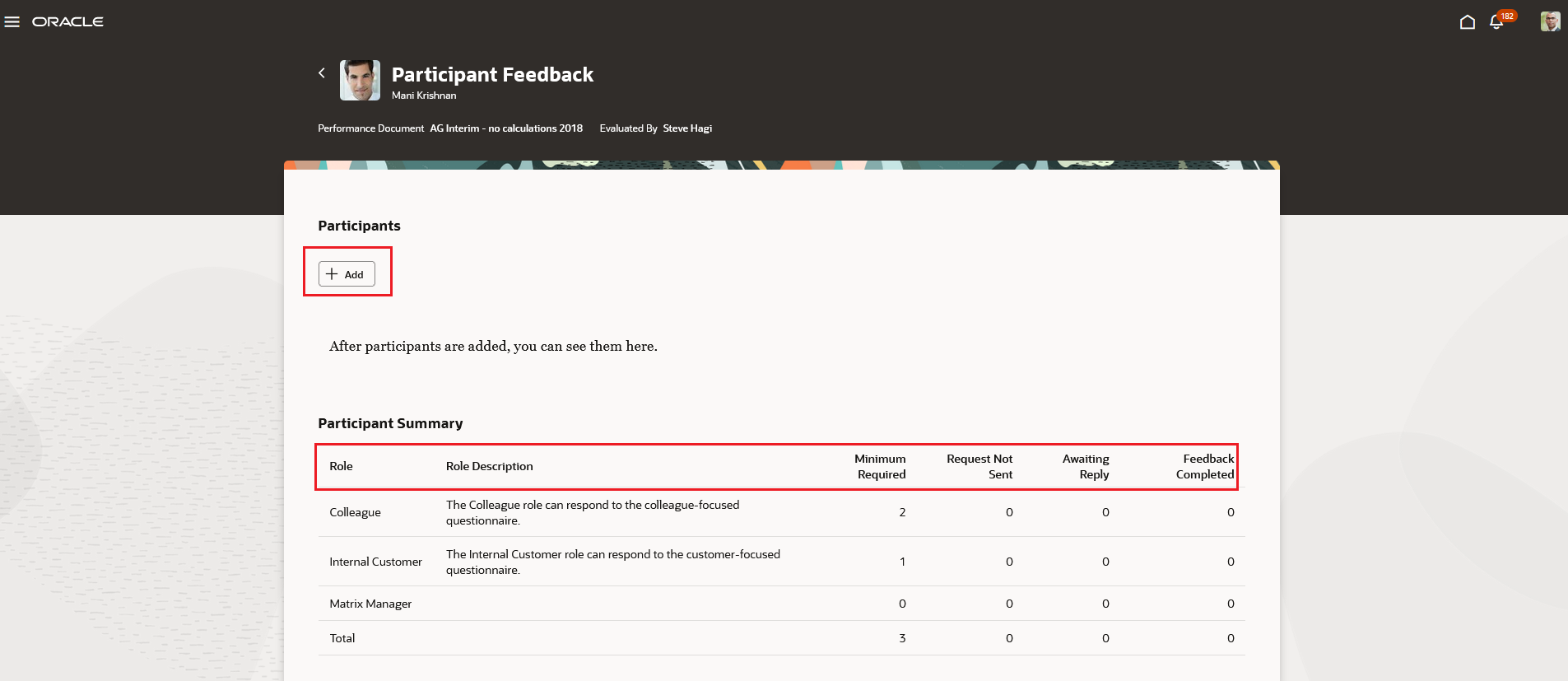 Screenshot of the Participant Feedback page with Add Participant button and the Participant Summary columns highlighted.