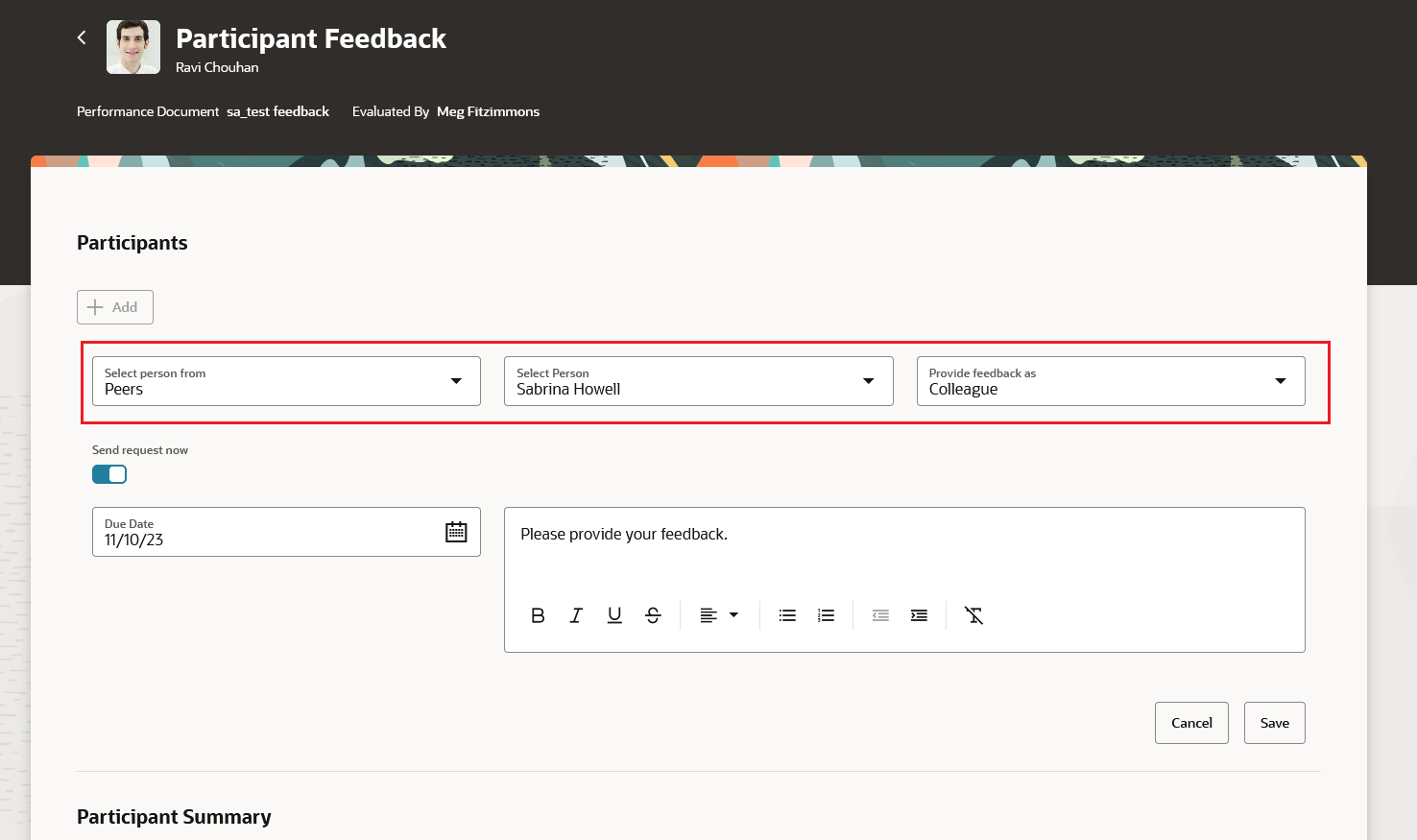 Screenshot of the Participant Feedback page with the Select Participant list of values highlighted.