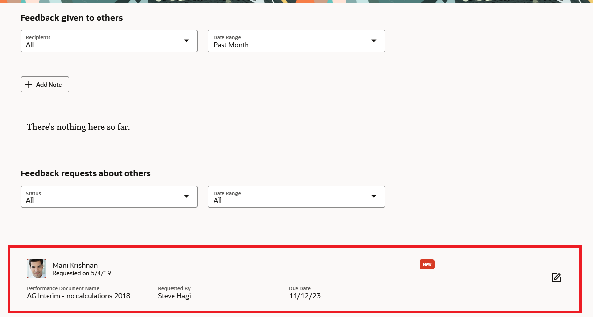 Screenshot of the Redwood Feedback page that has the feedback given to others displaying the new participant feedback request.