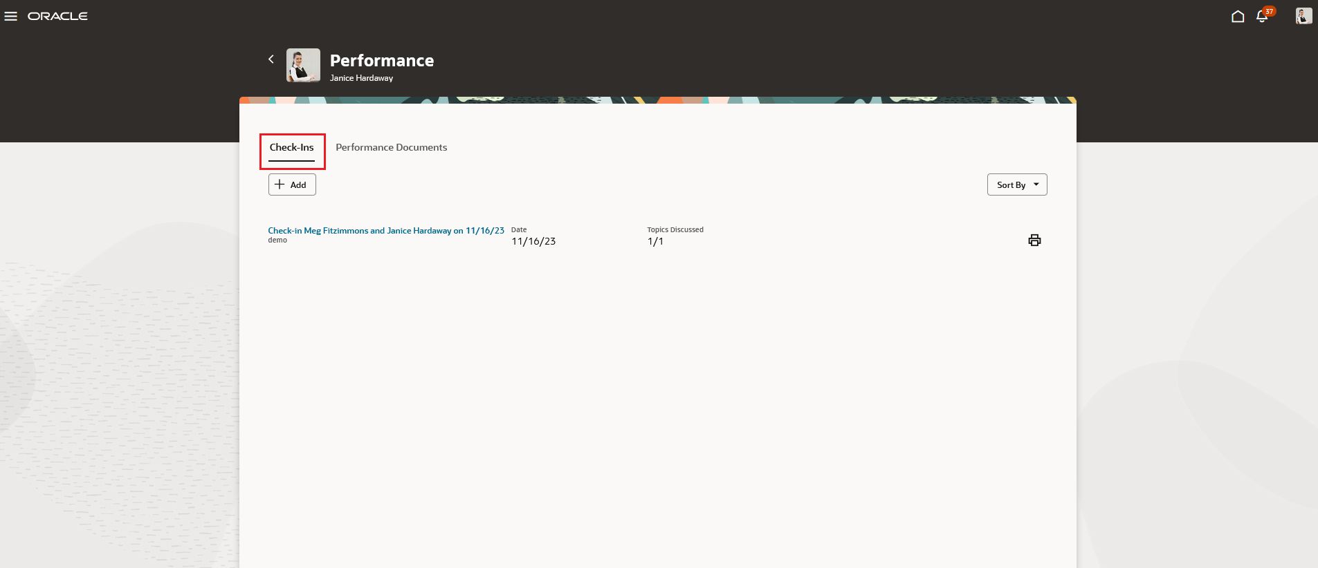 Screenshot of the Performance page with the Check-Ins tab highlighted.