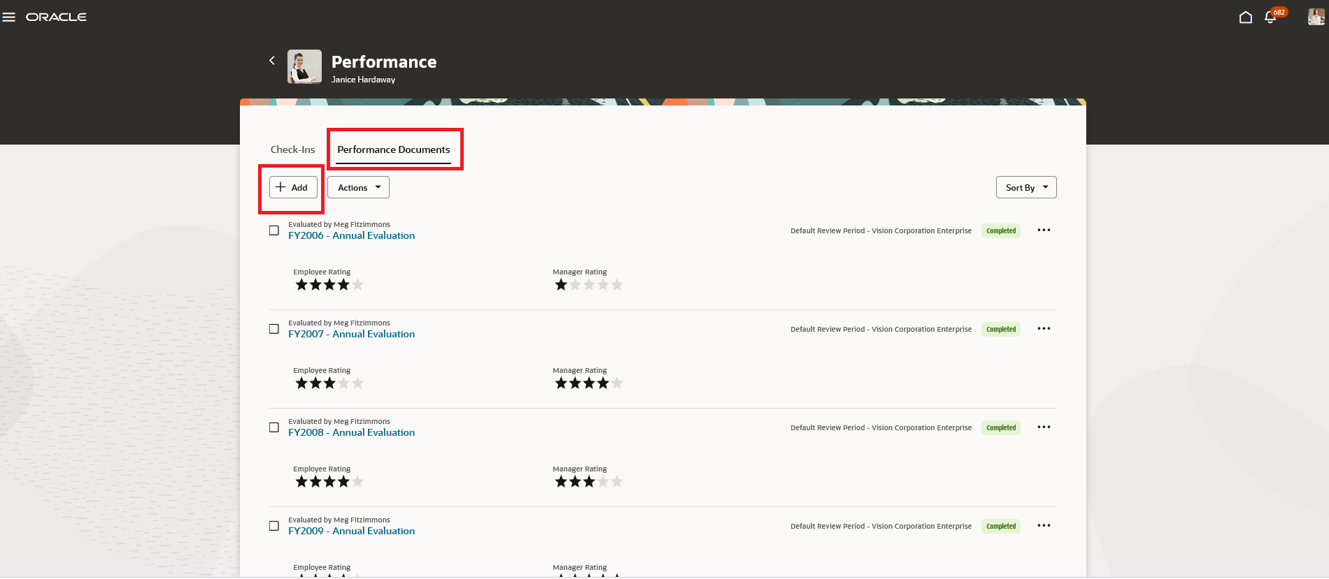 Screenshot of the Redwood Performance page with Add Performance Document action highlighted. 