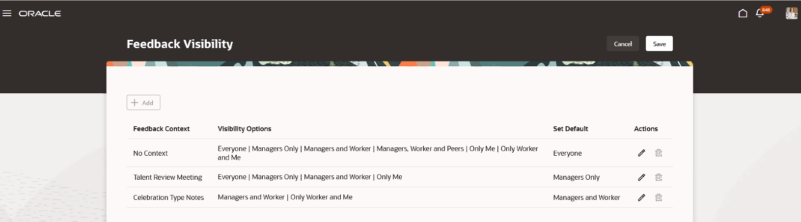 Screen capture of the Feedback Visibility Configuration Page