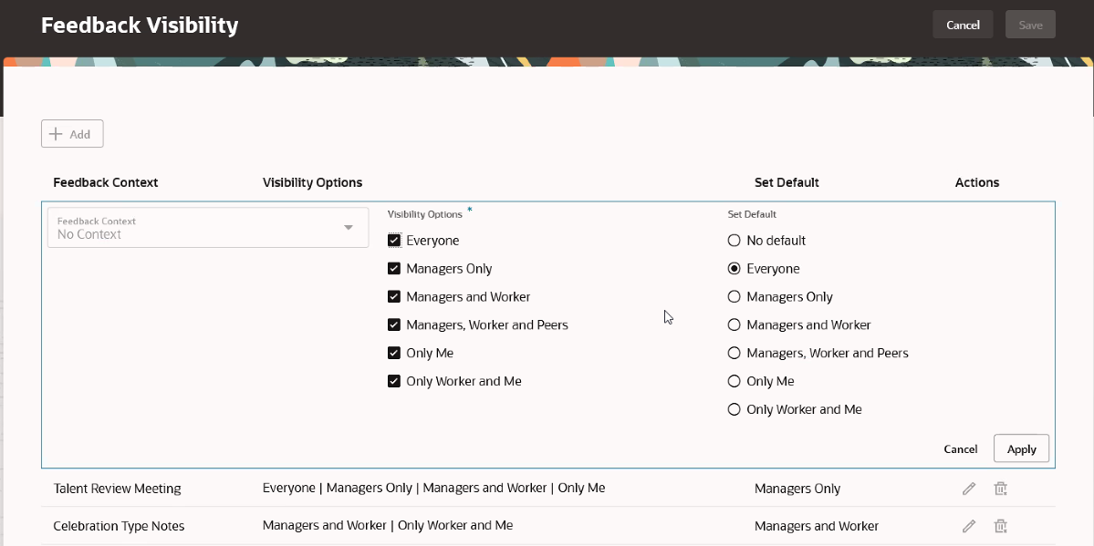 Screen capture of the Feedback Visibility Configuration Page