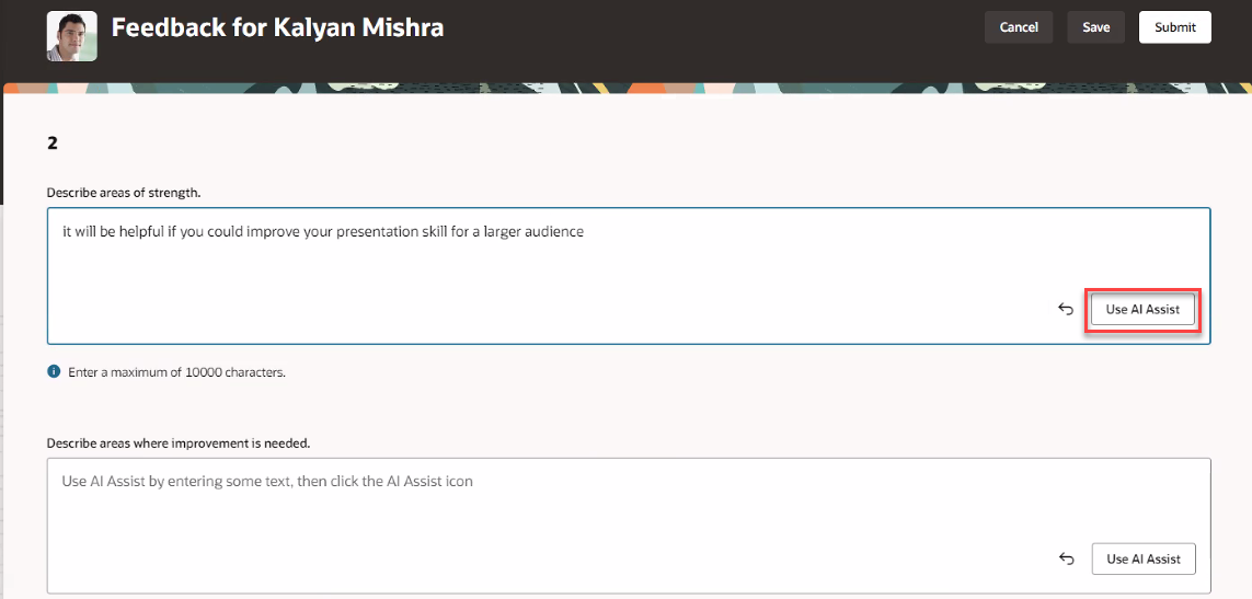 Screen capture of AI Assistance for Requested Feedback