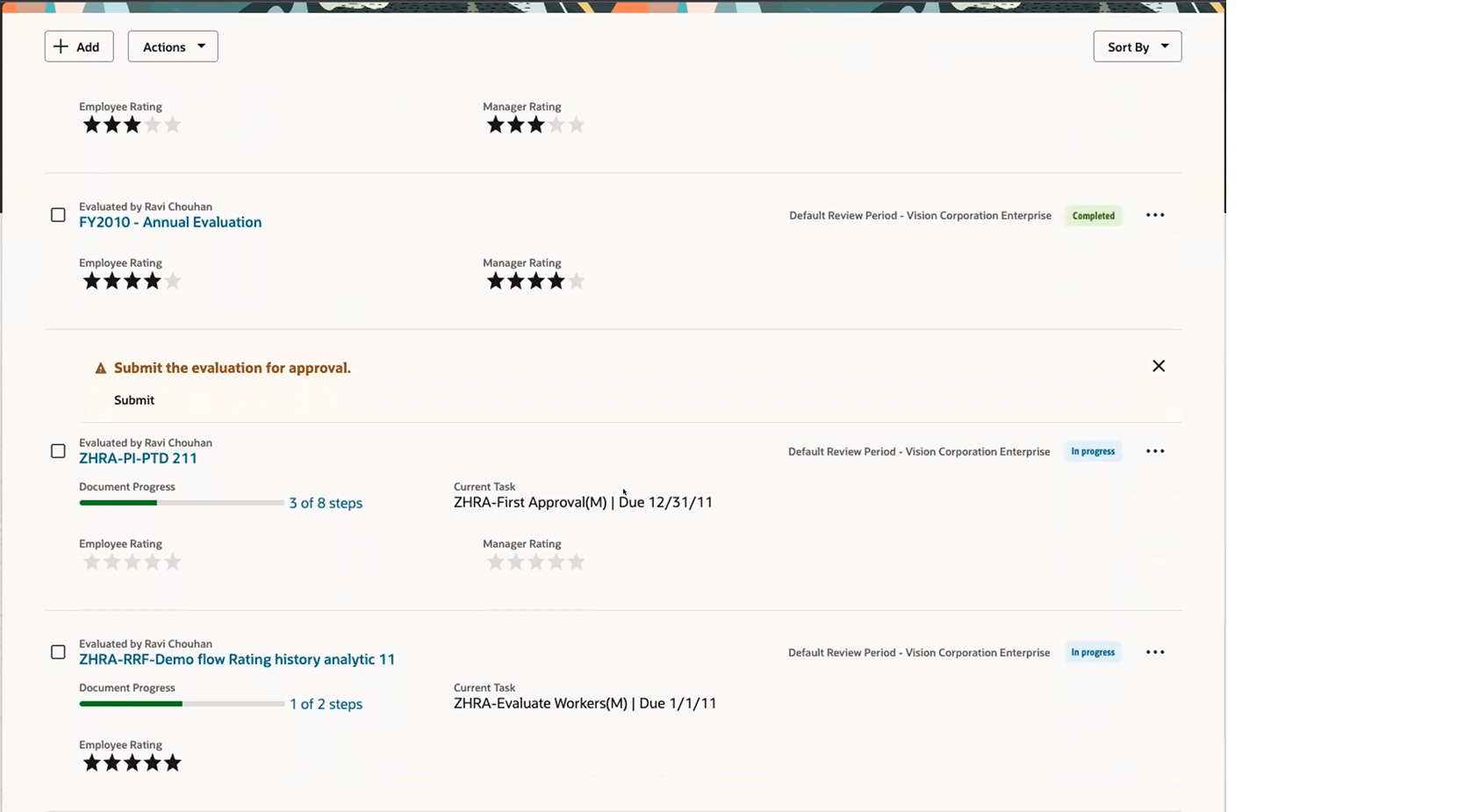 Screenshot that shows the approvals banner message being displayed for a performance document.