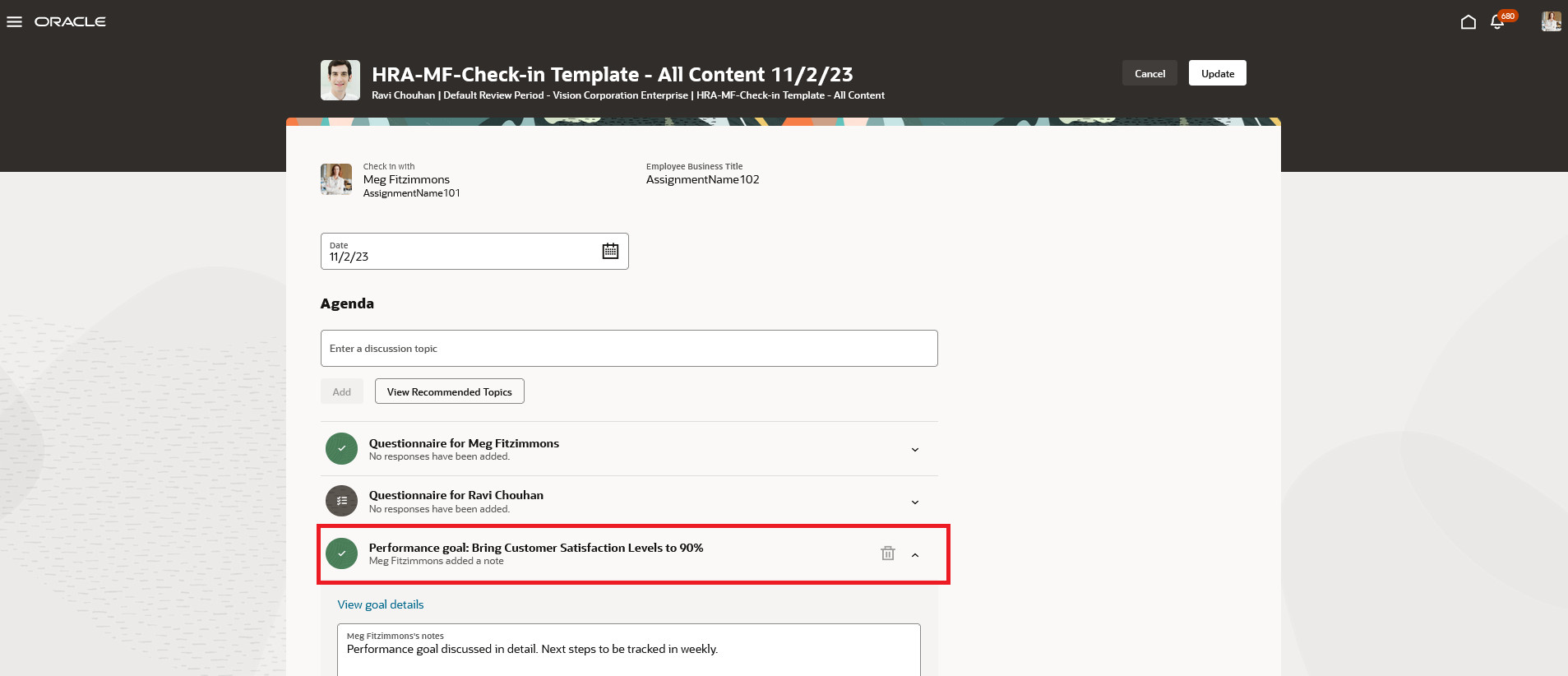 Screenshot of the Check-in page with the check-note added by manager highlighted.