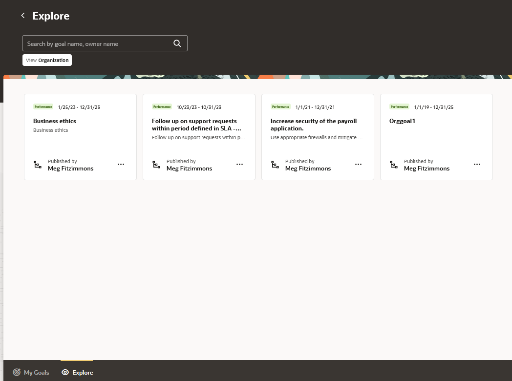 Screenshot of the Explore Tab on Goals Center with the Organization filter applied