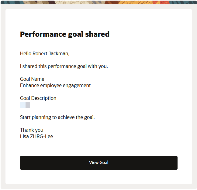 Screenshot of a Performance goal shared notification