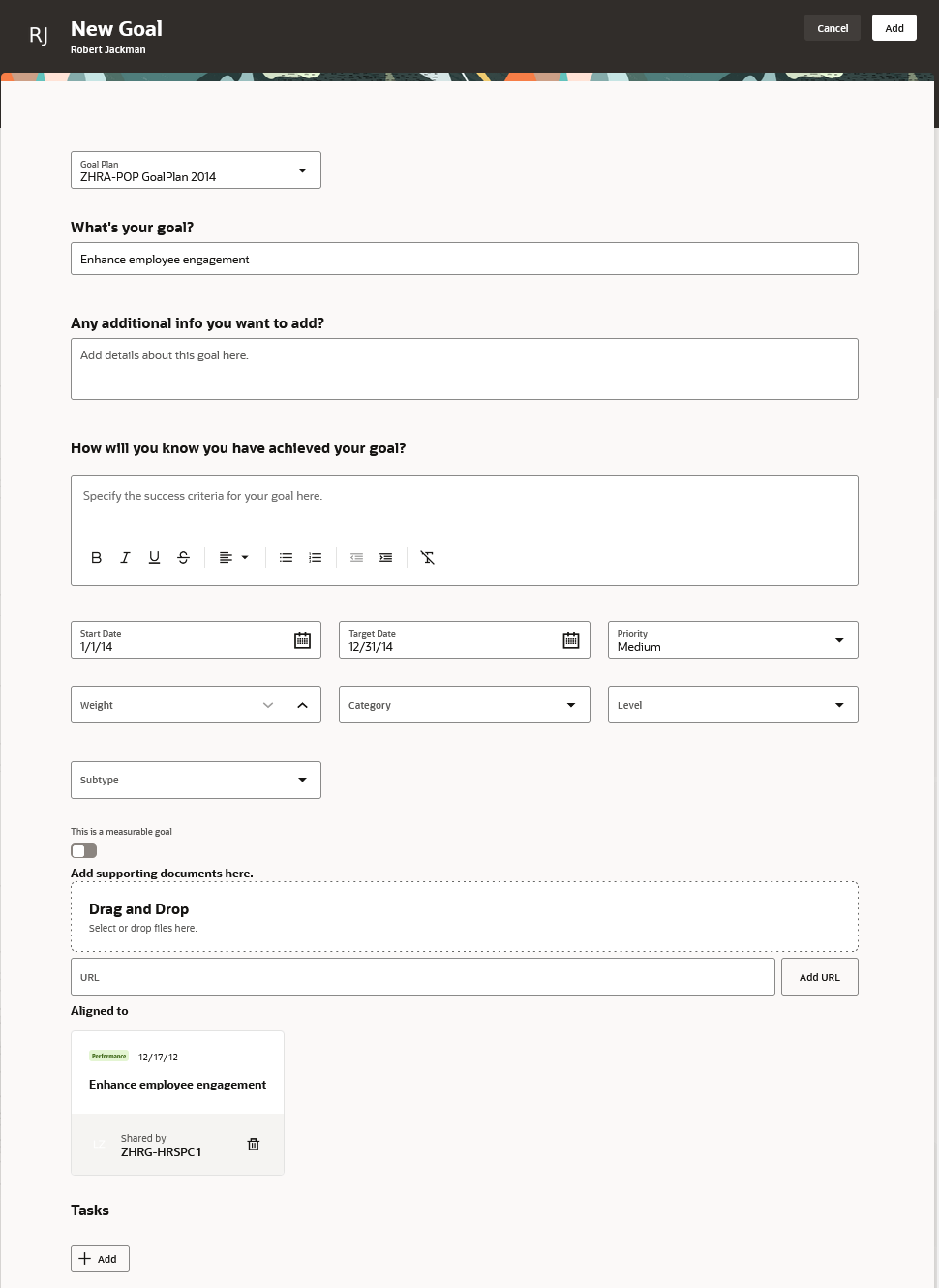 Screenshot showing the Aligned to section of the New Goal page