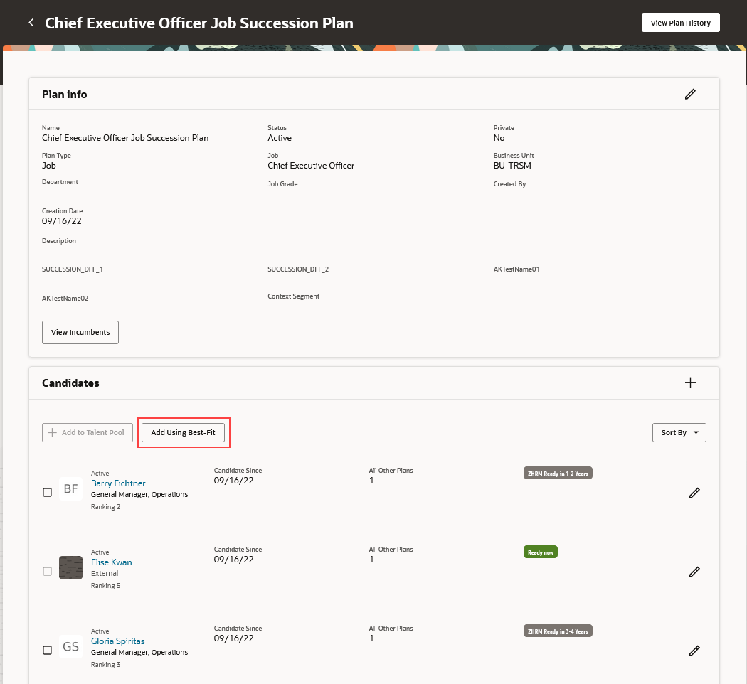 Add Using Best-Fit button highlighted in the Candidates section of a succession plan