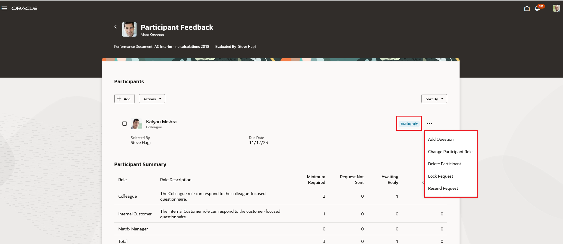 Screenshot of the Participant Feedback page with the actions available for the participant added.