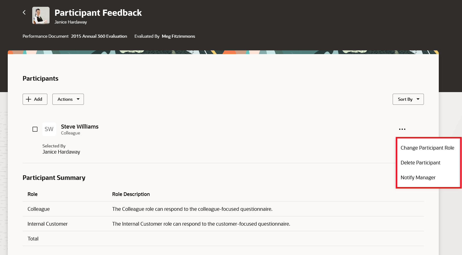 Screenshot of the Participant Feedback page with three actions highlighted for the selected participant.