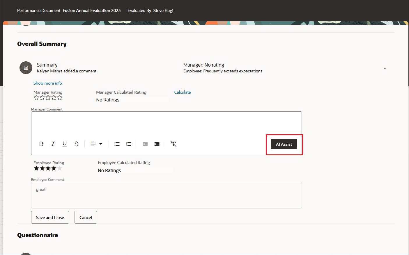 Screenshot of the Overall Summary section in a performance document with the AI Assist button highlighted.