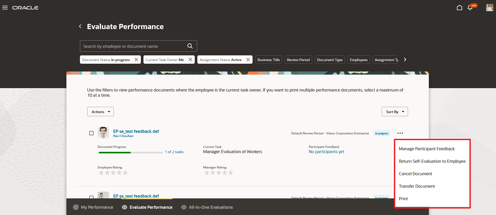Screenshot of the Redwood Evaluate Performance page with the row level actions highlighted.